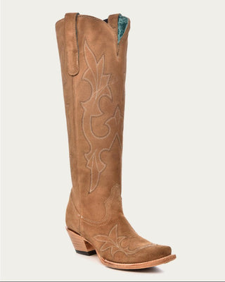 Corral A4438 tall sand suede snip toe boot with tonal western embroidery, full three-quarter view
