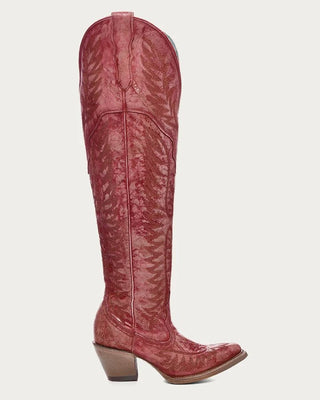 Red leather knee-high boot on a light gray background