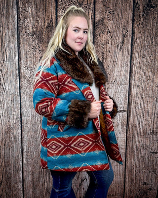 Sedona Luxe Aztec Fur Coat – Turquoise & Maroon Wool Blend – Apparel from Bronco Western Supply Co.