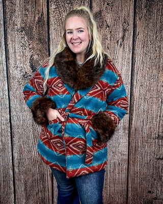 Sedona Luxe Aztec Fur Coat – Turquoise & Maroon Wool Blend – Apparel from Bronco Western Supply Co.