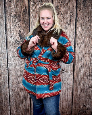 Sedona Luxe Aztec Fur Coat – Turquoise & Maroon Wool Blend – Apparel from Bronco Western Supply Co.