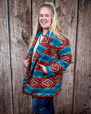 Sedona Luxe Aztec Fur Coat – Turquoise & Maroon Wool Blend – Apparel from Bronco Western Supply Co.
