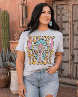 Sierra Bloom Rhinestone Howdy Tee in Gray – Apparel from Bronco Western Supply Co.