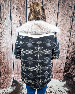 Sierra Quilted Aztec Jacket with Faux Fur Collar – Black & Ivory Wool Blend – Apparel from Bronco Western Supply Co.