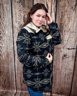 Sierra Quilted Aztec Jacket with Faux Fur Collar – Black & Ivory Wool Blend – Apparel from Bronco Western Supply Co.