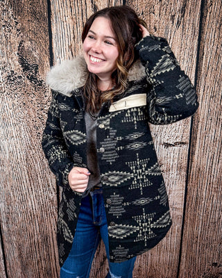 Sierra Quilted Aztec Jacket with Faux Fur Collar – Black & Ivory Wool Blend – Apparel from Bronco Western Supply Co.