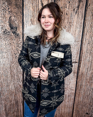Sierra Quilted Aztec Jacket with Faux Fur Collar – Black & Ivory Wool Blend – Apparel from Bronco Western Supply Co.