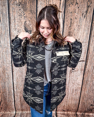 Sierra Quilted Aztec Jacket with Faux Fur Collar – Black & Ivory Wool Blend – Apparel from Bronco Western Supply Co.