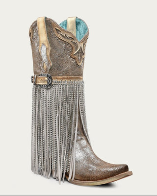 Corral A4514 metallic silver and gold snip toe boot with crystal fringe and decorative harness, full view
