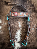 Silver Royal Blue and Pink Floral Browband Headstall - Headstalls & Accessories - Tough 1 - Bronco Western Supply Co.