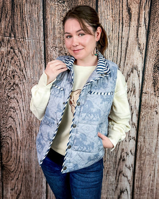 Silver Run Horse Aztec Puffer Vest in Blue Grey by Lucky & Blessed – Apparel from Bronco Western Supply Co.