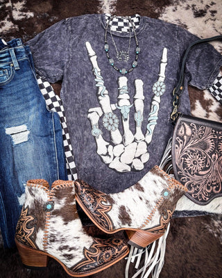 Skeleton Rock Hand Sign Graphic Tee - Black – Apparel from Bronco Western Supply Co.