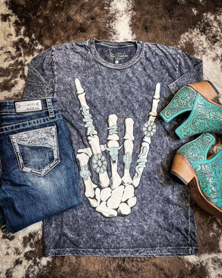 Skeleton Rock Hand Sign Graphic Tee - Black – Apparel from Bronco Western Supply Co.