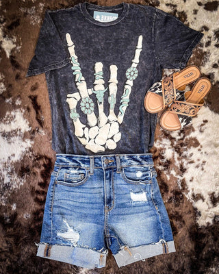 Skeleton Rock Hand Sign Graphic Tee - Black – Apparel from Bronco Western Supply Co.