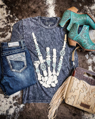 Skeleton Rock Hand Sign Graphic Tee - Black – Apparel from Bronco Western Supply Co.