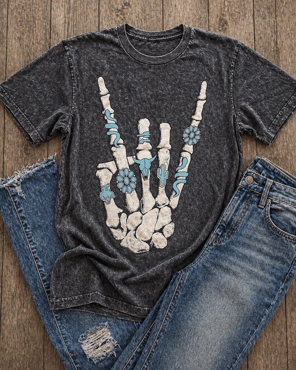 Skeleton Rock Hand Sign Graphic Tee - Black – Apparel from Bronco Western Supply Co.