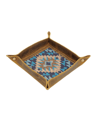 A square leather tray with a geometric patterned insert, shown on a plain white background.