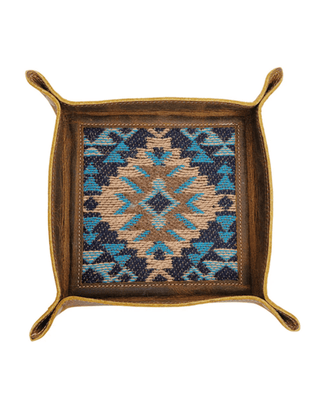 A square decorative tray with four loop handles, featuring a rustic dark brown wood frame and a central woven geometric pattern in blue, beige, and brown.