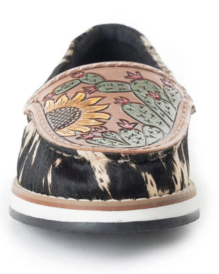 Black slip-on shoe with cactus and sunflower design on a white background