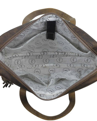 Brown leather bag with open front, showing patterned interior lining on a white background