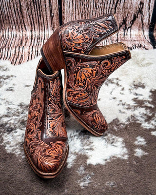 Sundance Spirit Handtooled Leather Booties in Chocolate By Myra Bag x Loyal West – Women's Shoes from Bronco Western Supply Co.