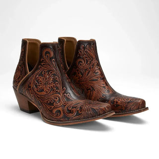 Sundance Spirit Handtooled Leather Booties in Chocolate By Myra Bag x Loyal West – Women's Shoes from Bronco Western Supply Co.