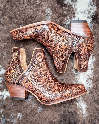 Sundance Spirit Handtooled Leather Booties in Chocolate By Myra Bag x Loyal West – Women's Shoes from Bronco Western Supply Co.