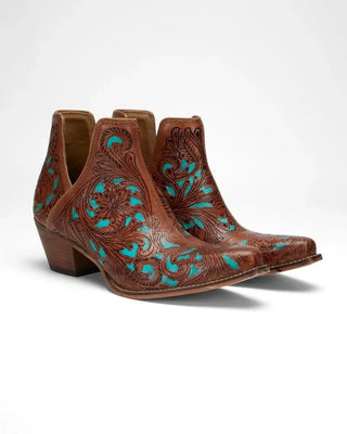 Sundance Spirit Handtooled Leather Booties in Turquoise by Myra Bag x Loyal West – Women's Shoes from Bronco Western Supply Co.