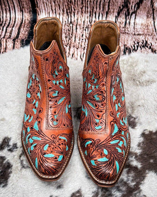 Sundance Spirit Handtooled Leather Booties in Turquoise by Myra Bag x Loyal West – Women's Shoes from Bronco Western Supply Co.