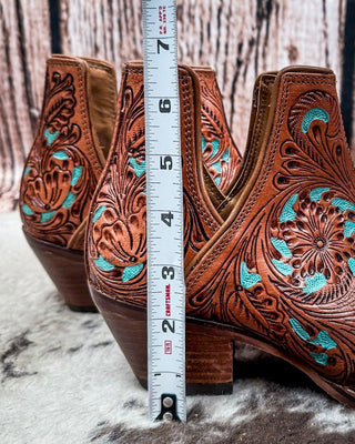 Sundance Spirit Handtooled Leather Booties in Turquoise by Myra Bag x Loyal West – Women's Shoes from Bronco Western Supply Co.