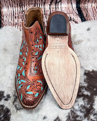 Sundance Spirit Handtooled Leather Booties in Turquoise by Myra Bag x Loyal West – Women's Shoes from Bronco Western Supply Co.