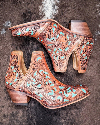 Sundance Spirit Handtooled Leather Booties in Turquoise by Myra Bag x Loyal West – Women's Shoes from Bronco Western Supply Co.