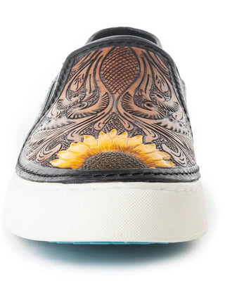 Shoe with intricate brown leather design and sunflower detail on a white background