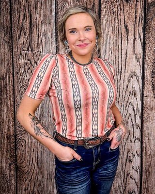 Sunset Revival Aztec Top – Coral Bubble Sleeve Tee – Apparel from Bronco Western Supply Co.