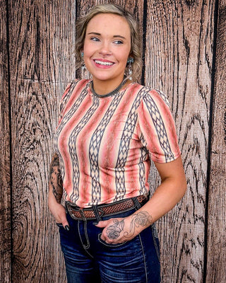 Sunset Revival Aztec Top – Coral Bubble Sleeve Tee – Apparel from Bronco Western Supply Co.