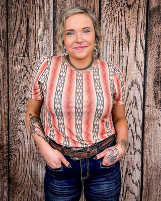 Sunset Revival Aztec Top – Coral Bubble Sleeve Tee – Apparel from Bronco Western Supply Co.