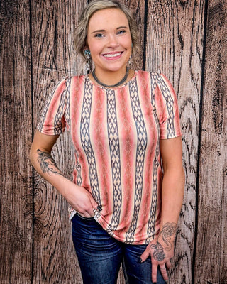 Sunset Revival Aztec Top – Coral Bubble Sleeve Tee – Apparel from Bronco Western Supply Co.