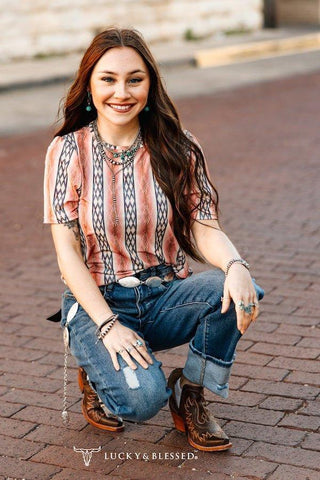 Sunset Revival Aztec Top – Coral Bubble Sleeve Tee – Apparel from Bronco Western Supply Co.