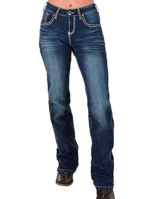 Blue jeans worn by a person on a white background
