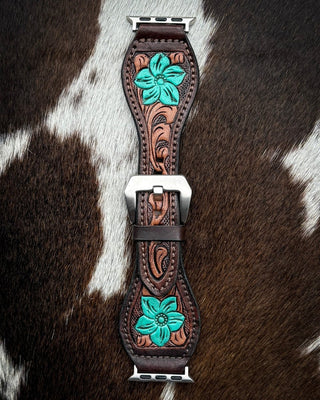 Teal Bloom Tooled Leather Smart Watch Band by American Darling – Accessories from Bronco Western Supply Co.