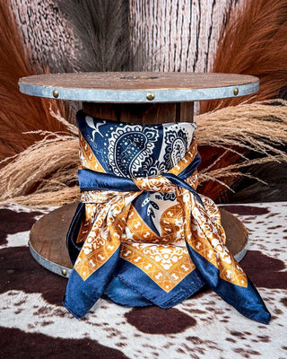 Thatcher Wild Rag – Navy & Copper Paisley Silk Blend Scarf – Accessories from Bronco Western Supply Co.