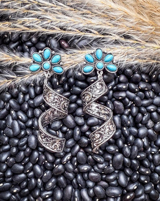 The Desert Bloom Spirals – Filigree & Aqua Flower Fashion Earrings – Jewelry from Bronco Western Supply Co.