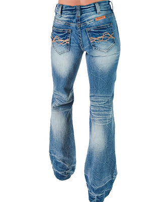 A pair of high-waisted, wide-leg blue denim jeans with a faded wash and decorative orange embroidery on the back pockets, shown on a model from the back against a white background.