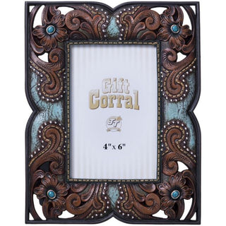 Tough 1 - Floral Leather Picture Frame with Turquoise – Gift Items from Bronco Western Supply Co.