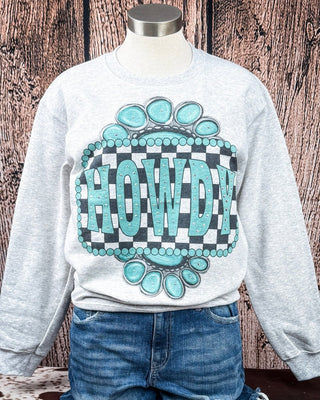 Turquoise Check Rhinestone Howdy Sweatshirt in Gray – Apparel from Bronco Western Supply Co.