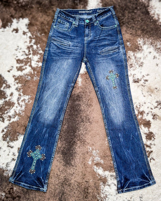 Turquoise Crosses Bootcut Jeans by Cowgirl Tuff – Apparel from Bronco Western Supply Co.
