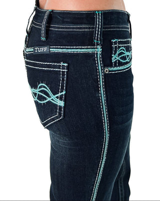 Dark blue jeans with turquoise stitching on a white background