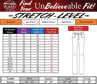 Size chart for women's jeans with stretch level guide and U.S. Tuff branding.