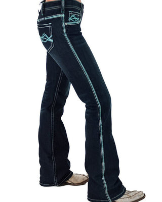 Dark blue jeans with light blue stitching on a white background
