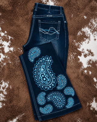 Turquoise Paisley Bling Trouser Jeans in Dark Wash by Cowgirl Tuff – Apparel from Bronco Western Supply Co.